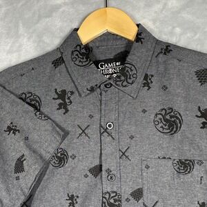 Game of Thrones Mens Short Sleeve Button Down Shirt Grey Sigil Print Small NEW